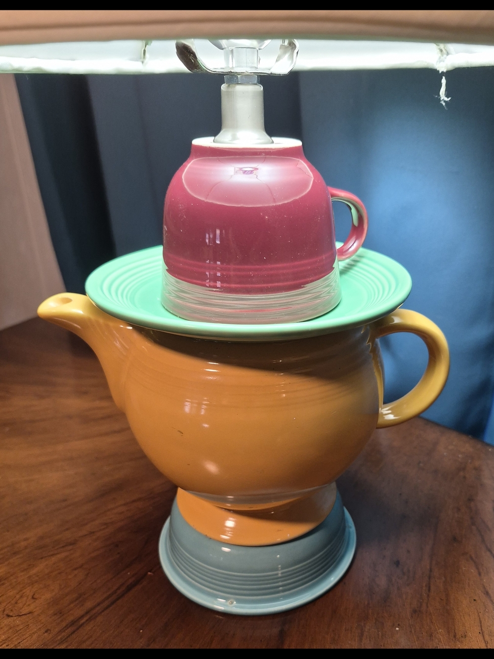 Fiestaware Upcycled Teapot,Cup, Saucer& Bowl Lamp in Yellow Green,Pink And Blue - Picture 2 of 6